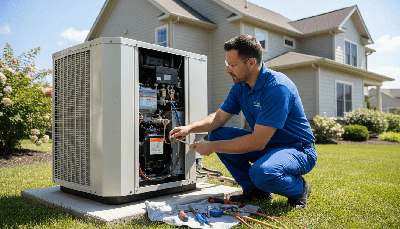 Professional HVAC technician servicing air conditioning unit